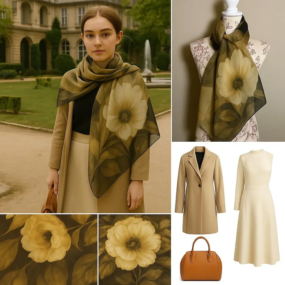 Gottex Sheer Floral Silk Scarf Wrap – Neutral Gold & Black